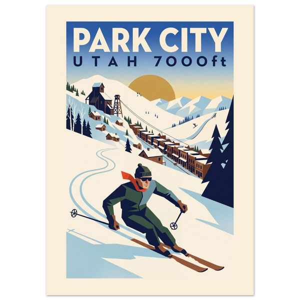 Park City Art Deco ski poster with mining-town main street, mine headframe and a skier