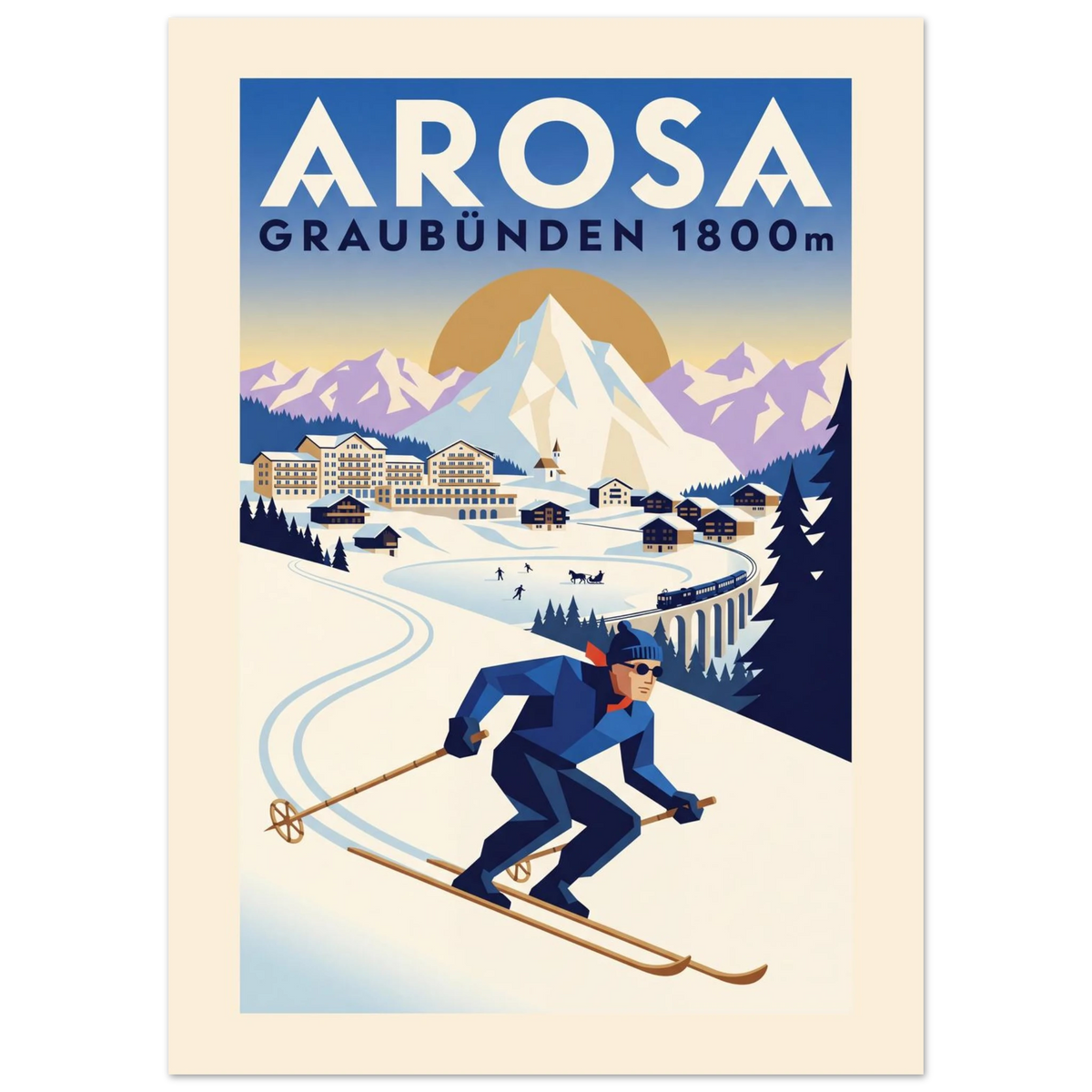 Arosa Art Deco ski poster with the lake, railway viaduct and a skier