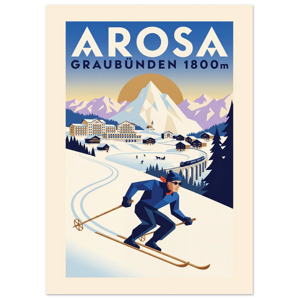 Arosa Art Deco ski poster with the lake, railway viaduct and a skier