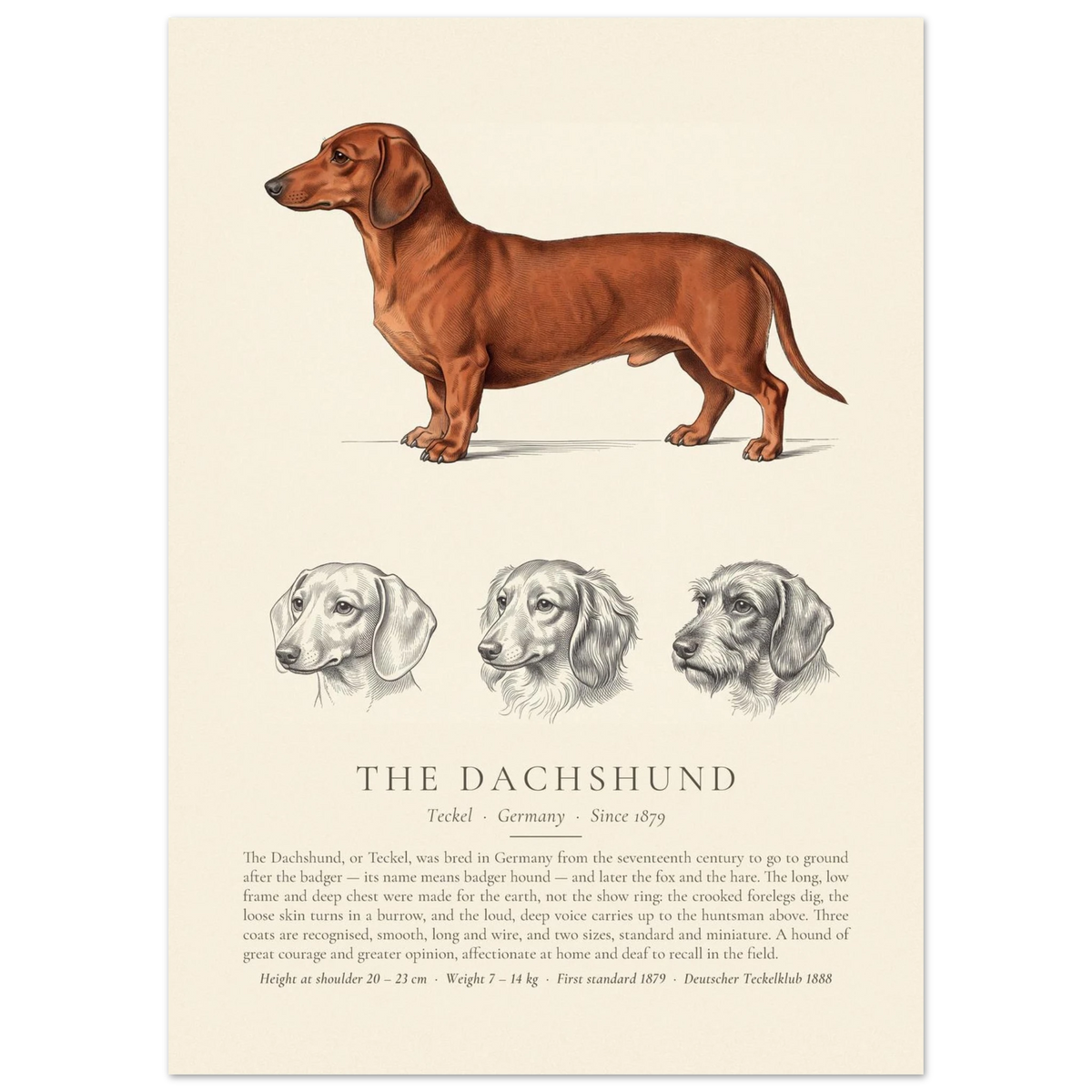 Smooth-haired Dachshund breed plate in fox red with three ink head studies, The Kennel Book