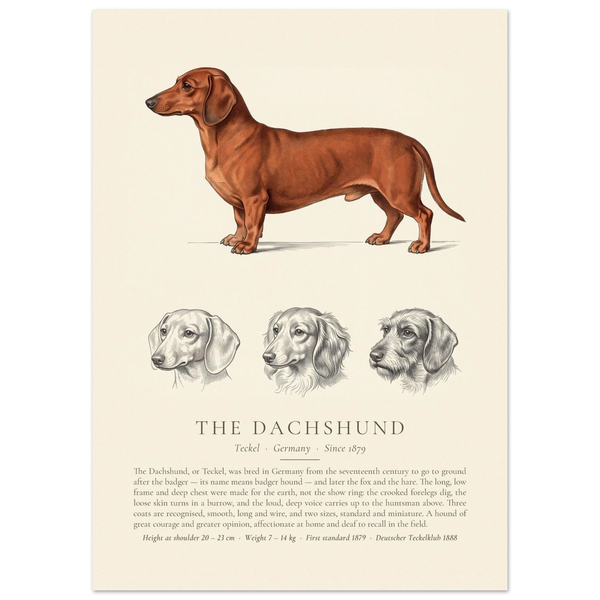 Smooth-haired Dachshund breed plate in fox red with three ink head studies, The Kennel Book