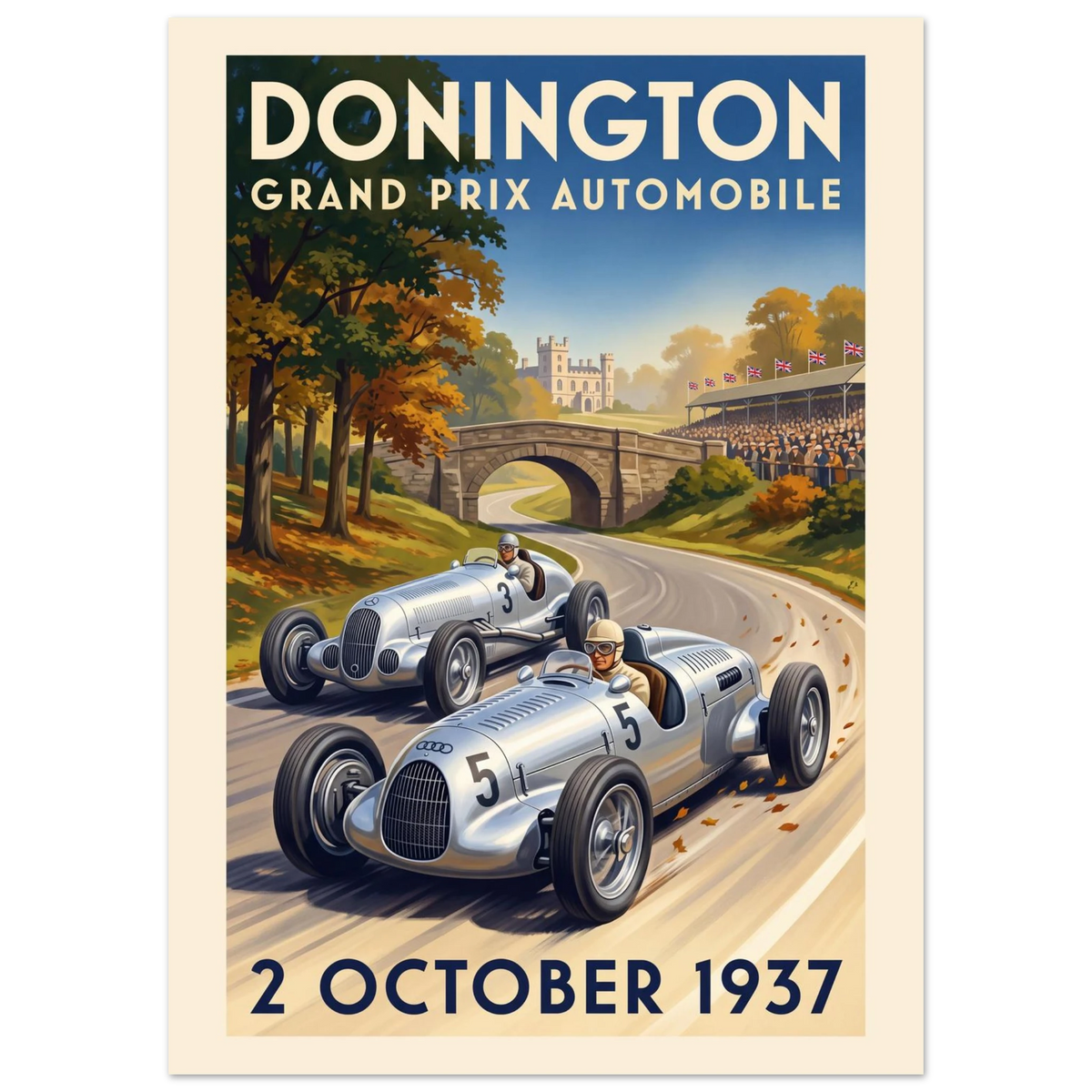 Donington 1937 Grand Prix vintage poster, silver 1930s racing cars by a stone bridge in autumn parkland
