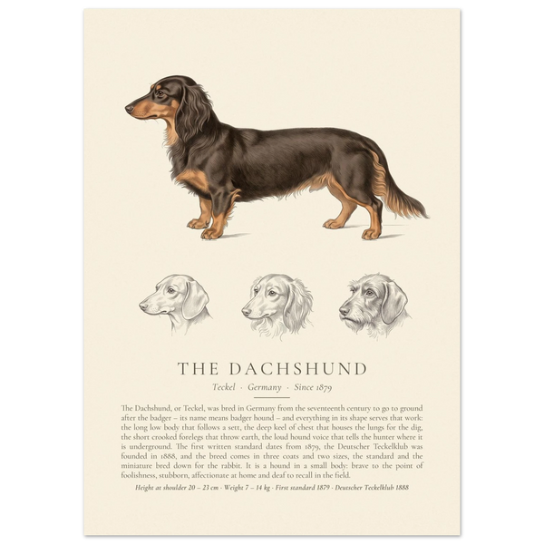 Long-haired Dachshund breed plate in black and tan with three ink head studies, The Kennel Book