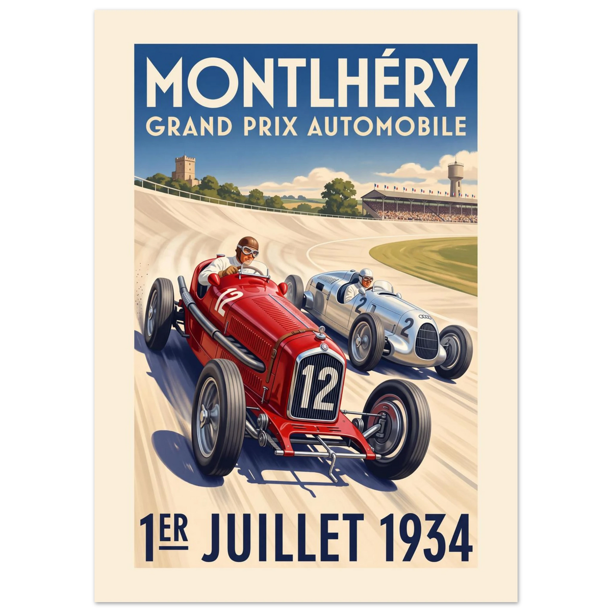 Montlhéry 1934 Grand Prix vintage poster, red and silver 1930s racing cars on the steep concrete banking, Art Deco lettering