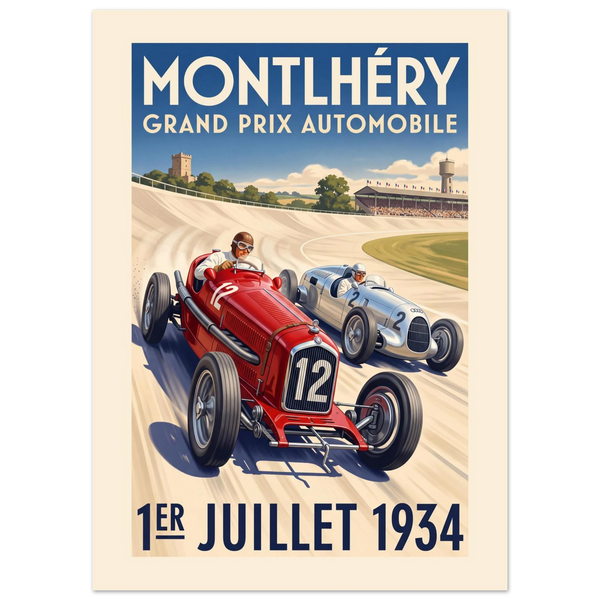 Montlhéry 1934 Grand Prix vintage poster, red and silver 1930s racing cars on the steep concrete banking, Art Deco lettering
