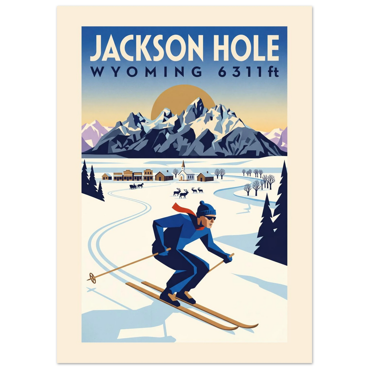 Jackson Hole Art Deco ski poster with the Tetons, a false-front town, elk and a skier