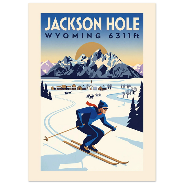 Jackson Hole Art Deco ski poster with the Tetons, a false-front town, elk and a skier