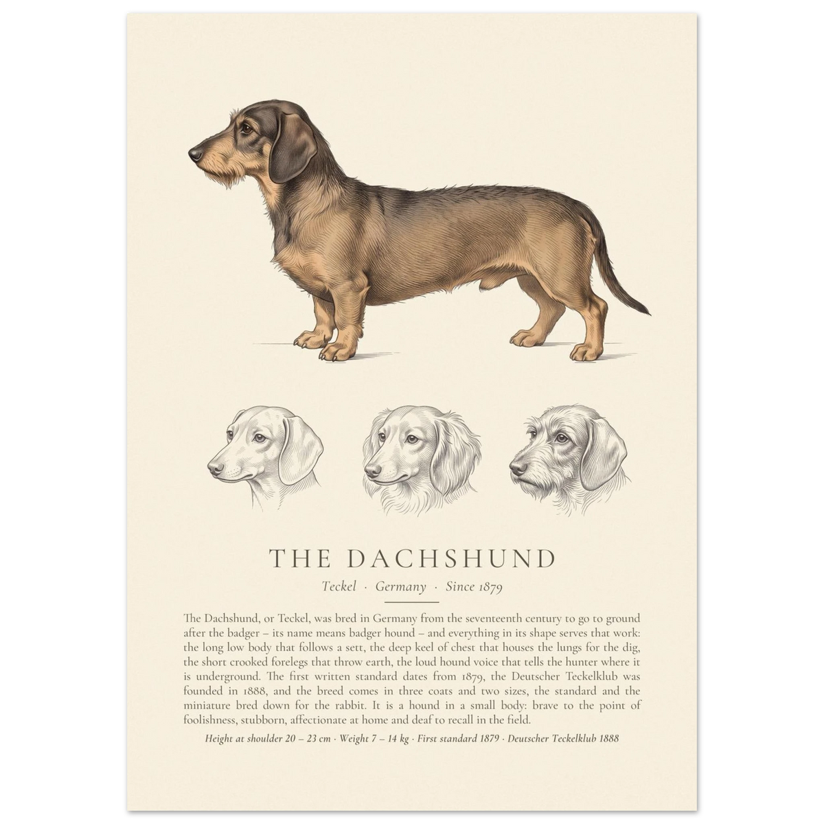 Wire-haired Dachshund breed plate in wild boar with three ink head studies, The Kennel Book