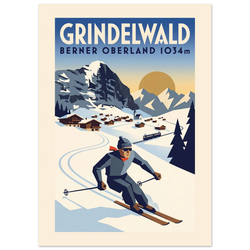Grindelwald Art Deco ski poster with the Eiger north face and a skier