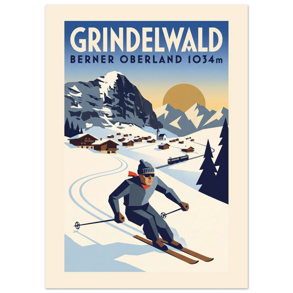 Grindelwald Art Deco ski poster with the Eiger north face and a skier