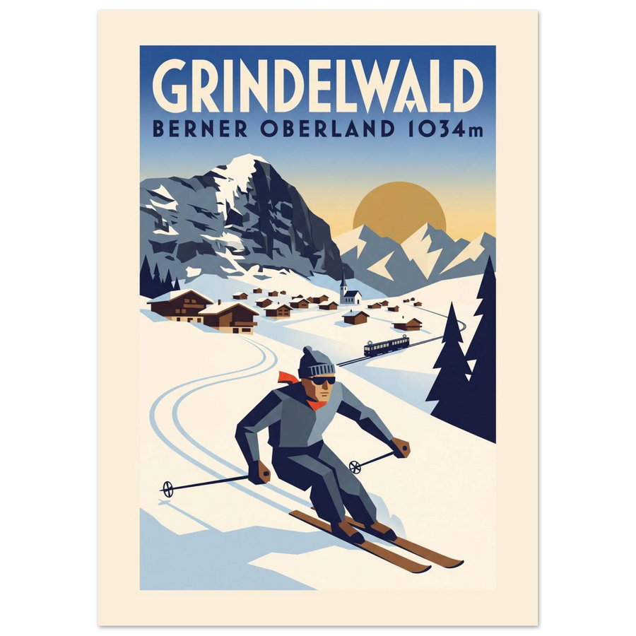 Grindelwald Art Deco ski poster with the Eiger north face and a skier