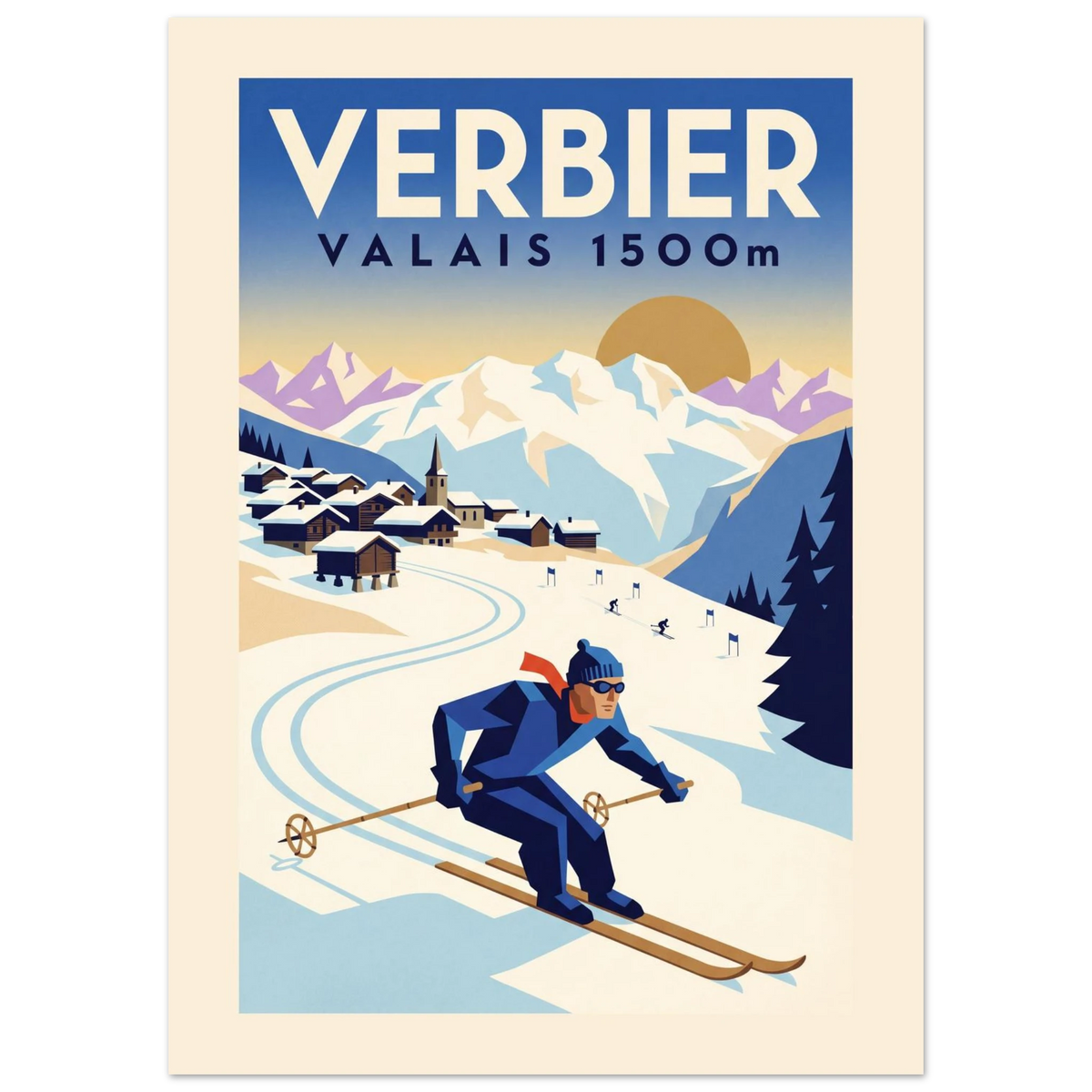 Verbier Art Deco ski poster with chalets, church spire, Valais peaks and a skier
