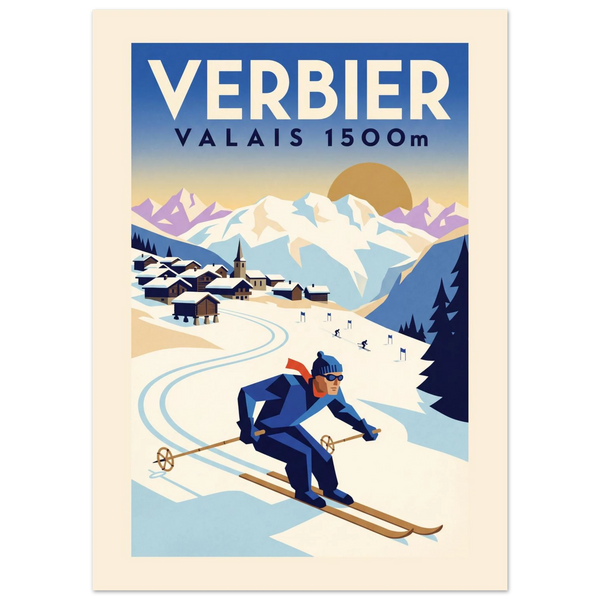 Verbier Art Deco ski poster with chalets, church spire, Valais peaks and a skier