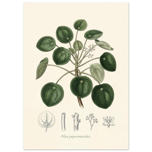 Chinese money plant botanical plate, antique engraving style, Pilea peperomioides