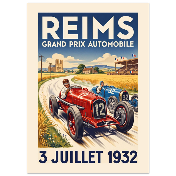 Reims 1932 Grand Prix vintage poster, red and blue 1930s racing cars side by side through wheat fields, Art Deco lettering