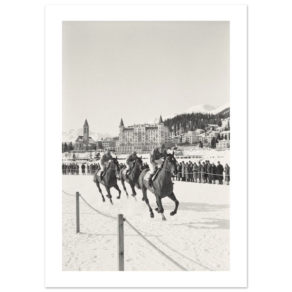 Racehorses and jockeys galloping on a frozen alpine lake with spectators and mountains, 1932 style black and white photo print
