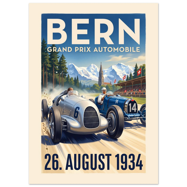 Bern 1934 Grand Prix vintage poster, silver and blue 1930s racing cars in the forest with Bern Minster and the Alps