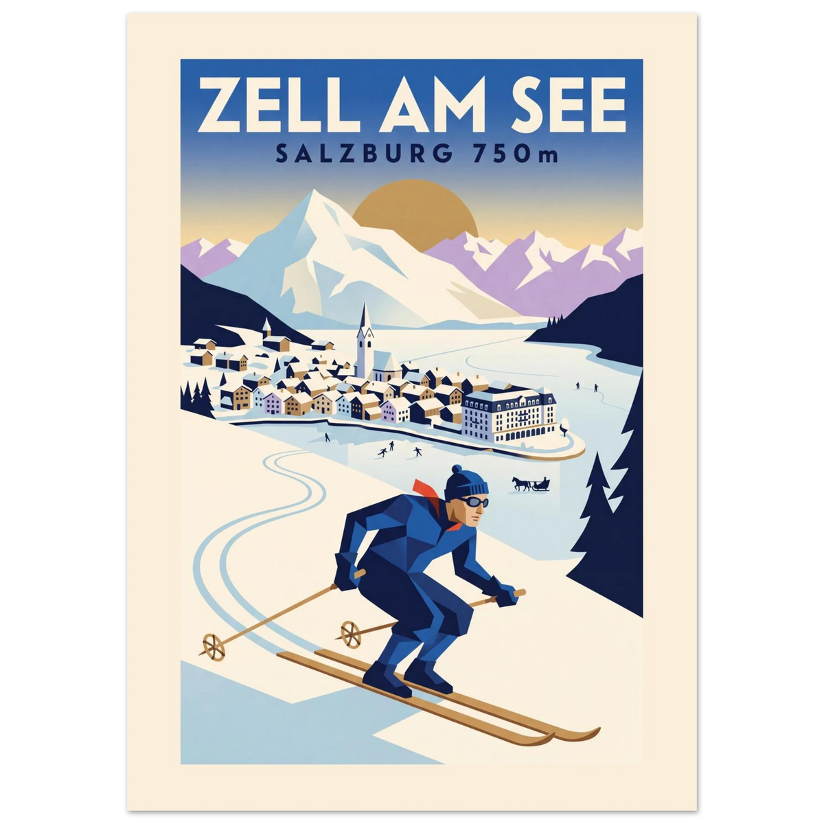 Zell am See Art Deco ski poster with the lakeside town, Hohe Tauern and a skier