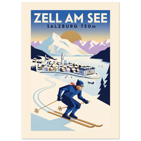 Zell am See Art Deco ski poster with the lakeside town, Hohe Tauern and a skier