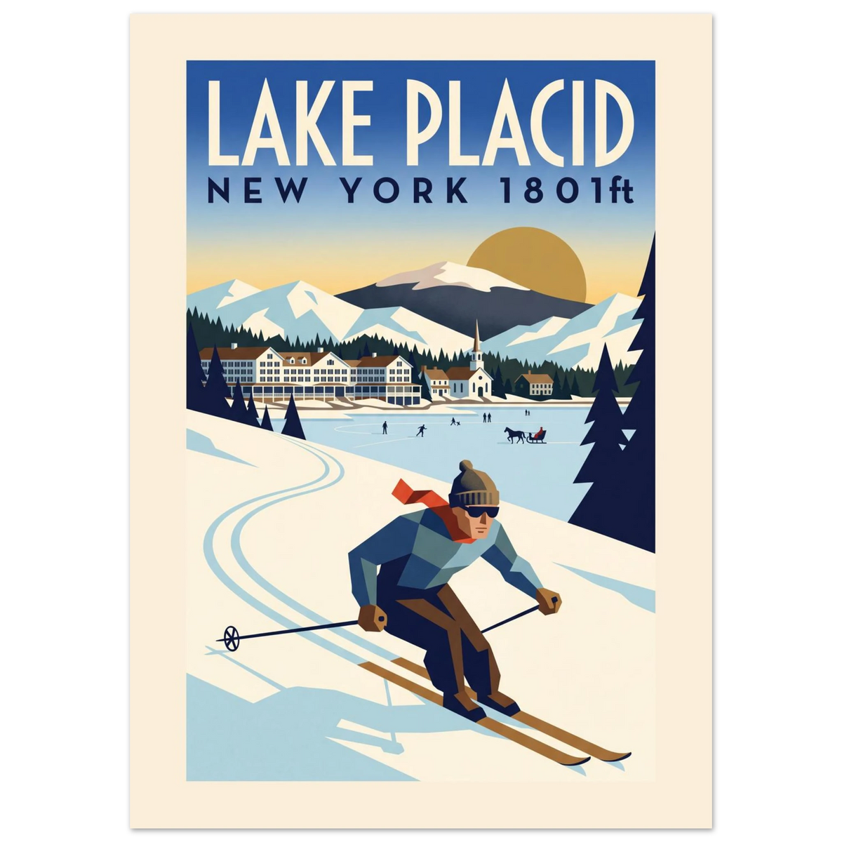 Lake Placid Art Deco ski poster with lakefront hotel, church spire and a skier