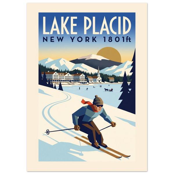 Lake Placid Art Deco ski poster with lakefront hotel, church spire and a skier