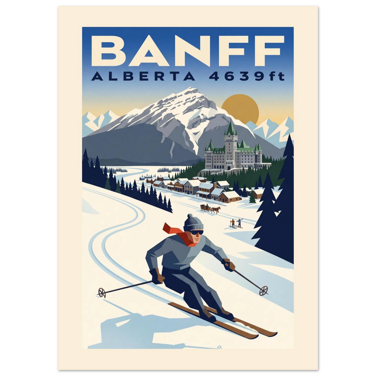 Banff Art Deco ski poster with the turreted hilltop hotel, a Rockies peak and a skier