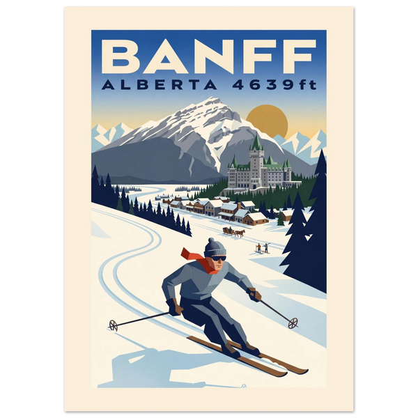 Banff Art Deco ski poster with the turreted hilltop hotel, a Rockies peak and a skier