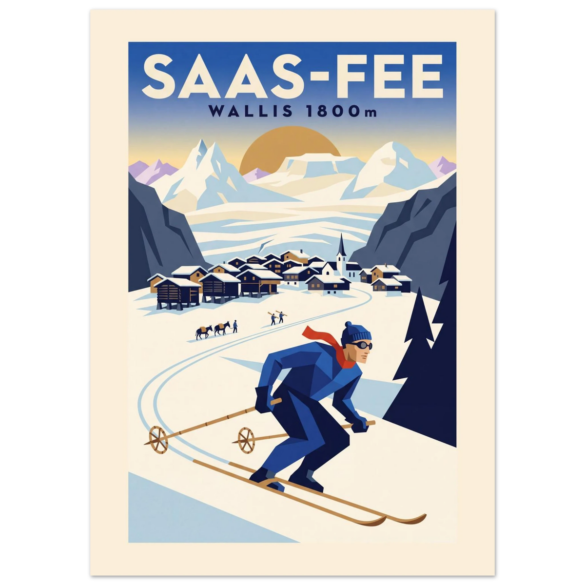 Saas-Fee Art Deco ski poster with stilted barns, the Mischabel cirque and a skier