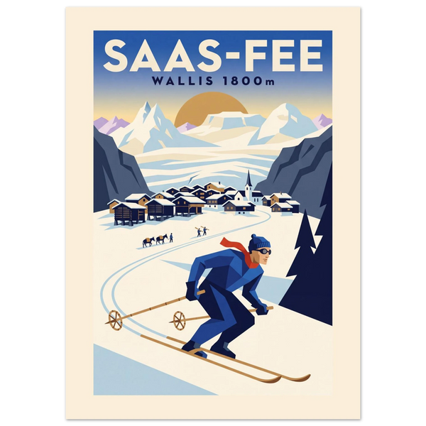 Saas-Fee Art Deco ski poster with stilted barns, the Mischabel cirque and a skier