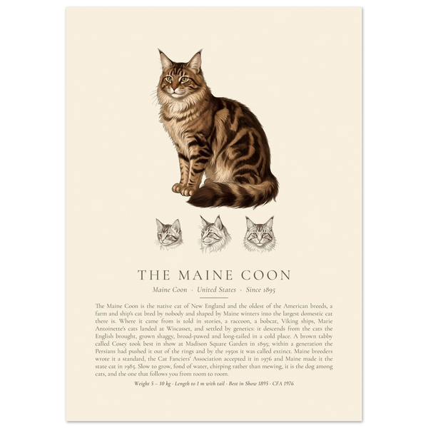 Brown tabby Maine Coon breed plate with three ink head studies, The Kennel Book