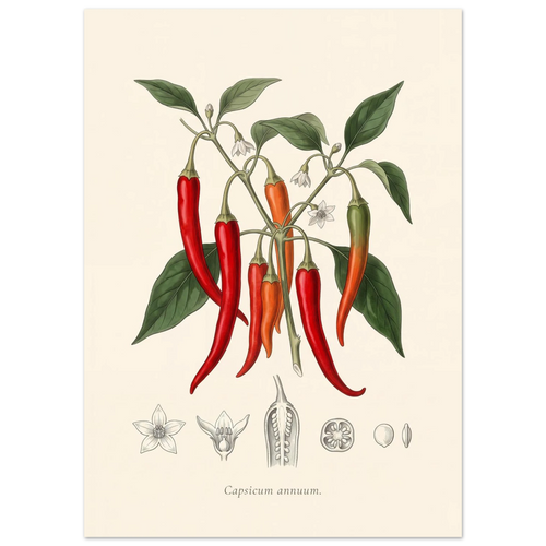 Capsicum Annuum chilli pepper antique botanical plate poster