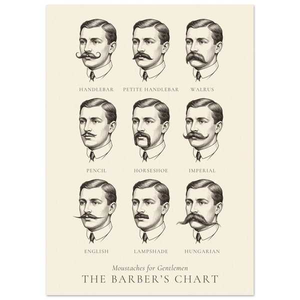 Moustaches for gentlemen chart, nine named moustache styles in antique engraving style, The Barber's Chart