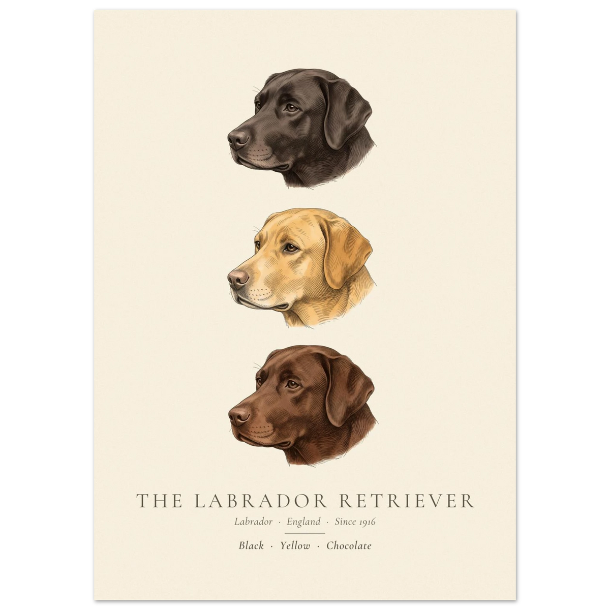 Labrador Retriever three colours plate, black, yellow and chocolate head studies, The Kennel Book