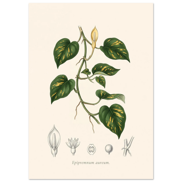 Pothos botanical plate, antique engraving style, Epipremnum aureum