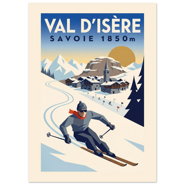 Val d'Isère Art Deco ski poster with the stone church, Bellevarde dome and a skier