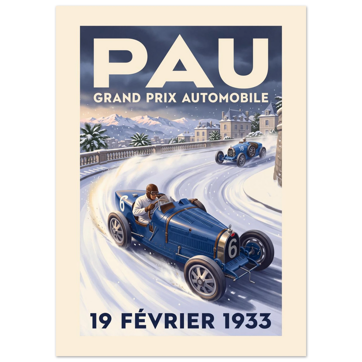 Pau 1933 Grand Prix vintage poster, blue 1930s racing cars on a snowy bend with the Pyrenees, Art Deco lettering
