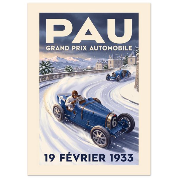 Pau 1933 Grand Prix vintage poster, blue 1930s racing cars on a snowy bend with the Pyrenees, Art Deco lettering