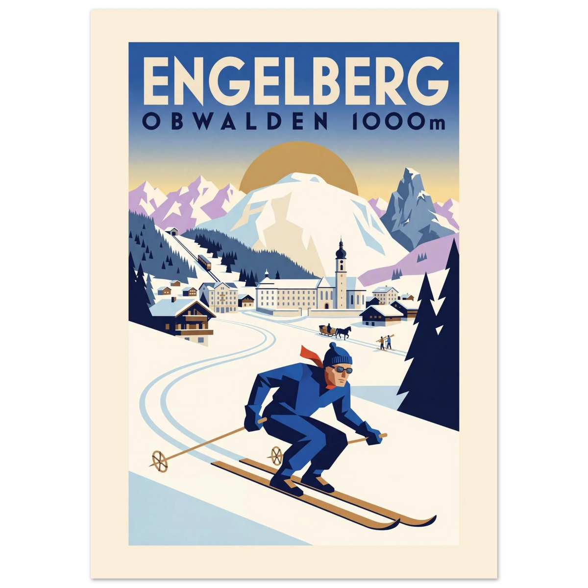 Engelberg Art Deco ski poster with the monastery, the Titlis and a skier