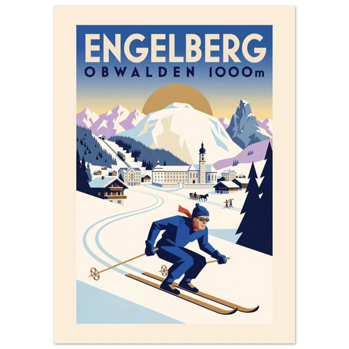 Engelberg Art Deco ski poster with the monastery, the Titlis and a skier