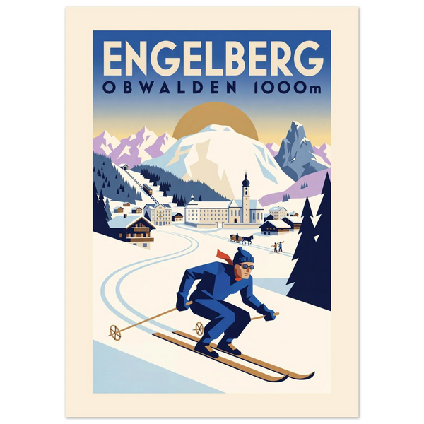 Engelberg Art Deco ski poster with the monastery, the Titlis and a skier